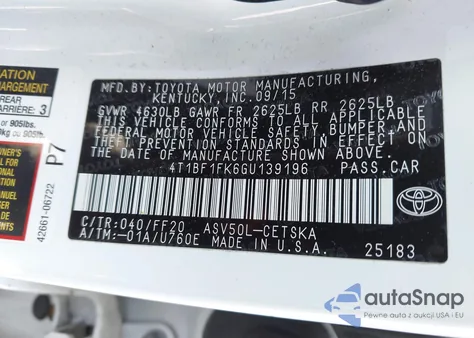 2016 Toyota Camry Se from USA, damaged, VIN 4T1BF1FK6GU139196